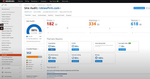 SEMRush SEO tool Site Audit