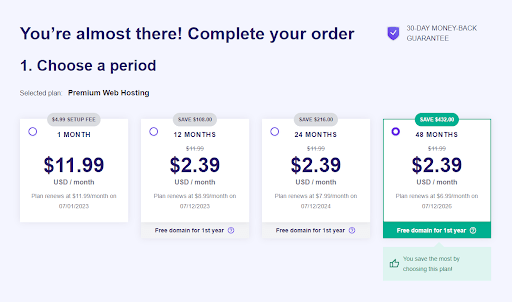 choose the period of the Hosting Plans