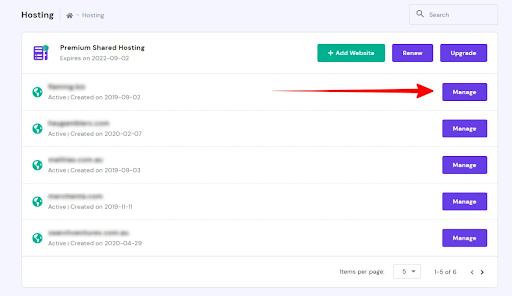 Manage button in Hostinger