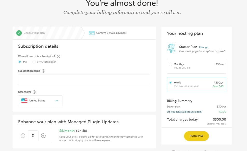 Checkout for Flywheel web hosting